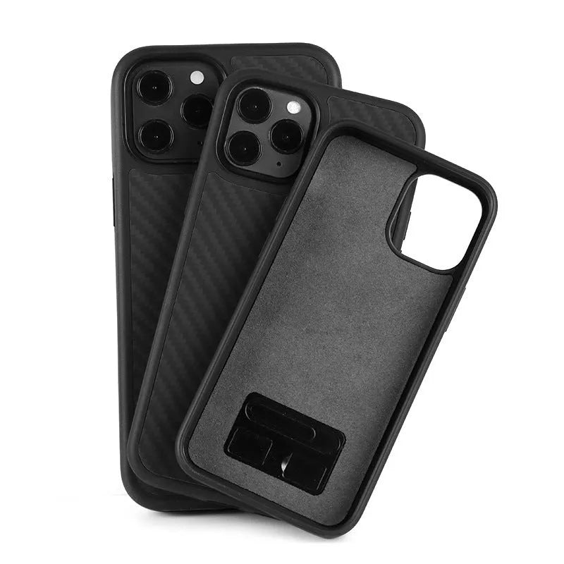 Black wooden back cover case for iPhone on a table.