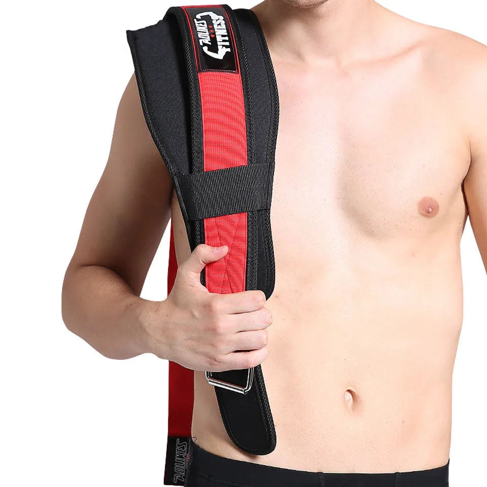 Nylon weightlifting squat belt protector in black, red, or yellow, sizes M L XL, for lumbar support during squats.