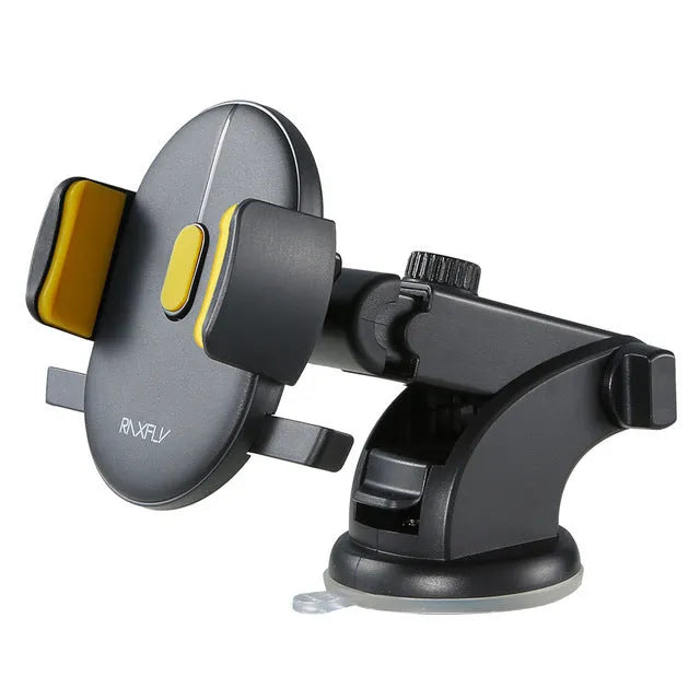 Yellow and black telescopic car phone holder with suction cup extended on a car dashboard.