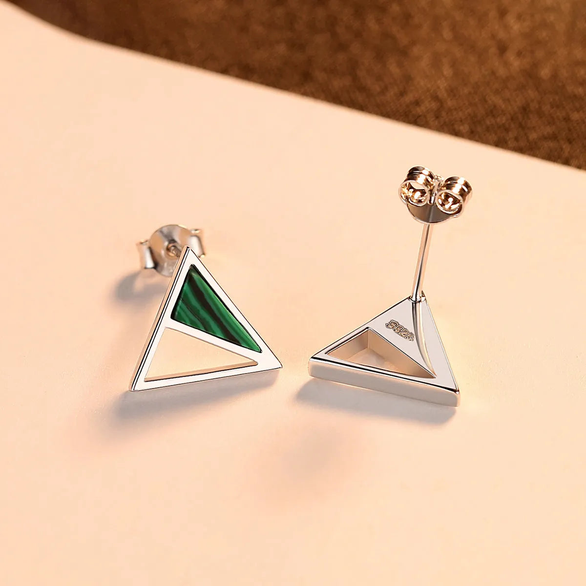 Pair of green malachite stud earrings in pure silver with geometric Korean-style design