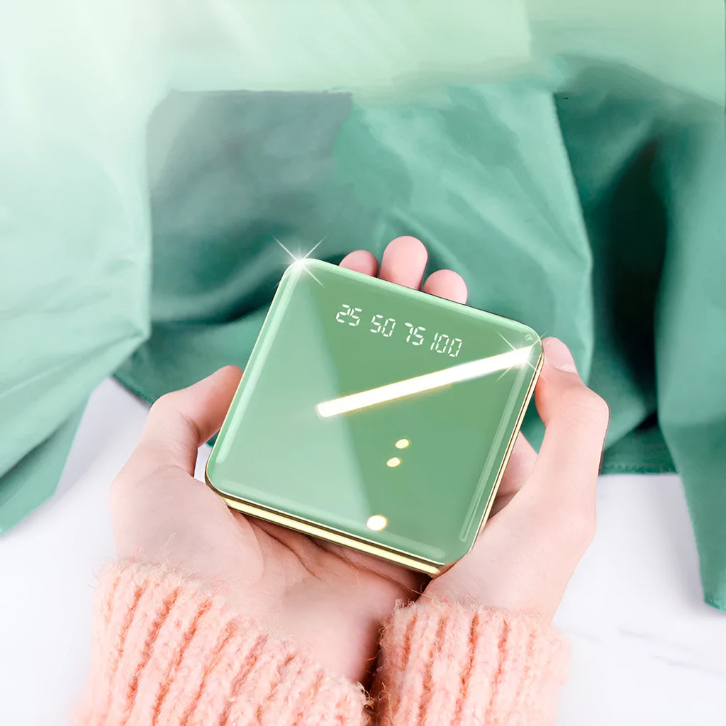 Compact 20000mAh mini power bank in blue, green, grey, or red with aluminium shell and multi USB ports