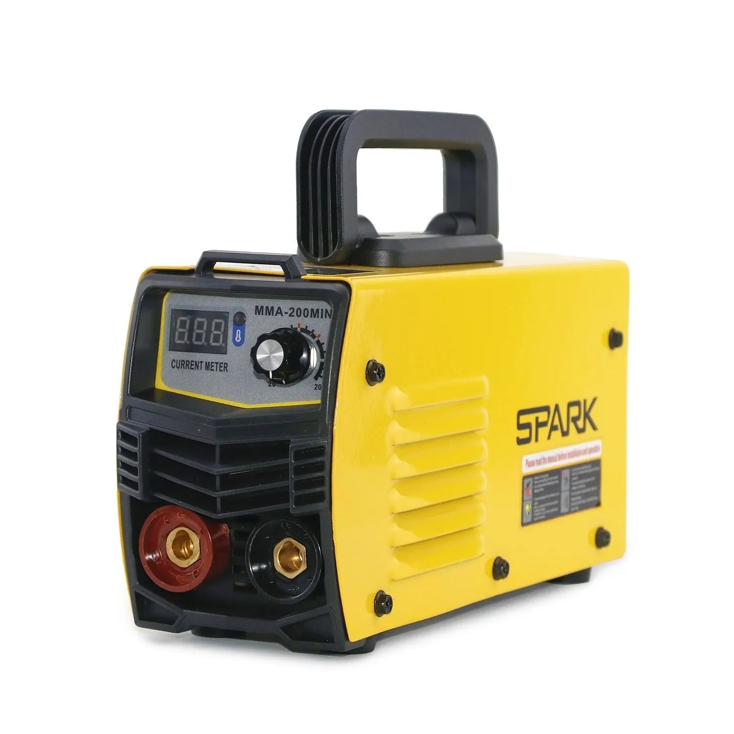 MMA-200MIN small black DC inverter welding machine with red welding tongs, clamp, and face shield on a workbench.