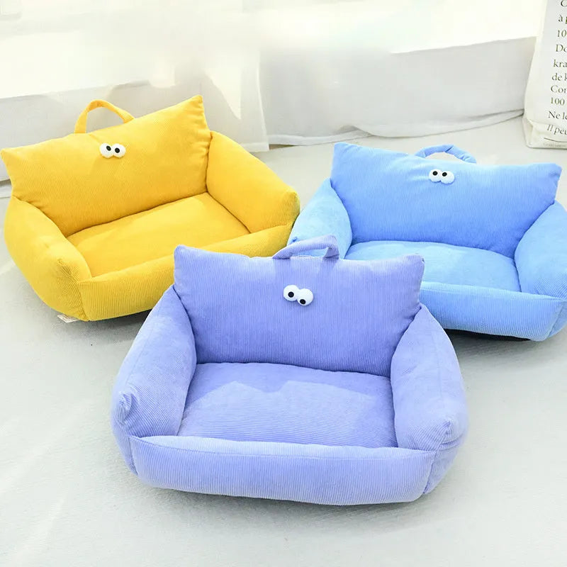 Cartoon big eye pet nest bed in moon velvet fabric with stick-on eyes