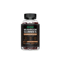 A pack containing 60 mushroom supplement gummies in soft candy form with PET packaging.