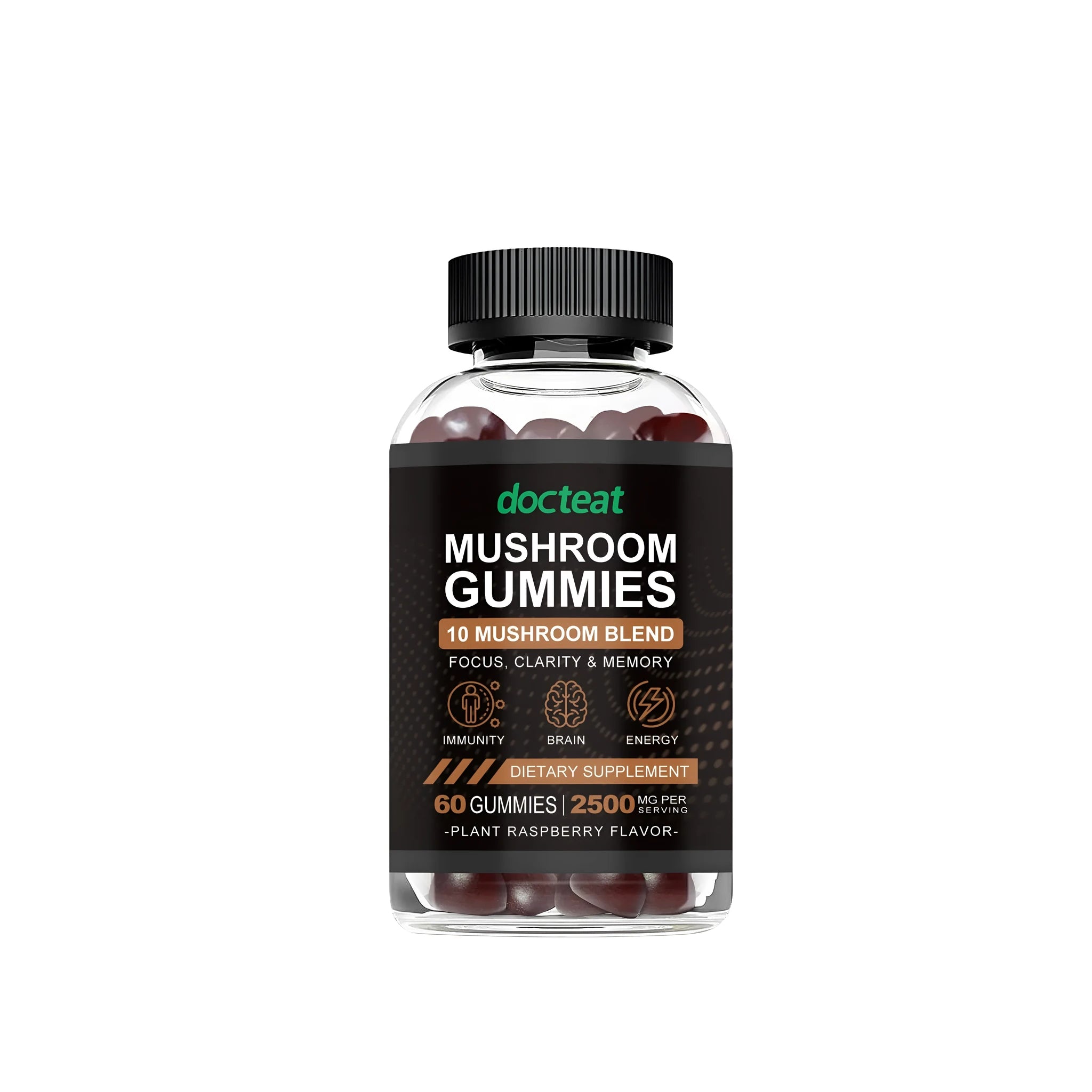A pack containing 60 mushroom supplement gummies in soft candy form with PET packaging.