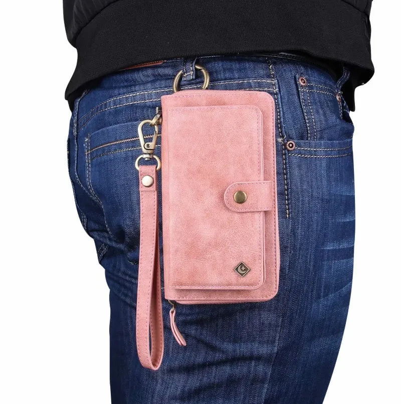 Black PU leather phone wallet case with a zipper, shown next to a credit card.