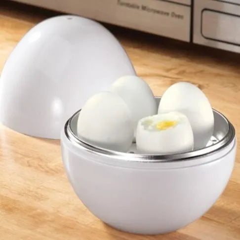 White microwave egg steamer cooker with capacity for 1-4 eggs and adjustable cooking times