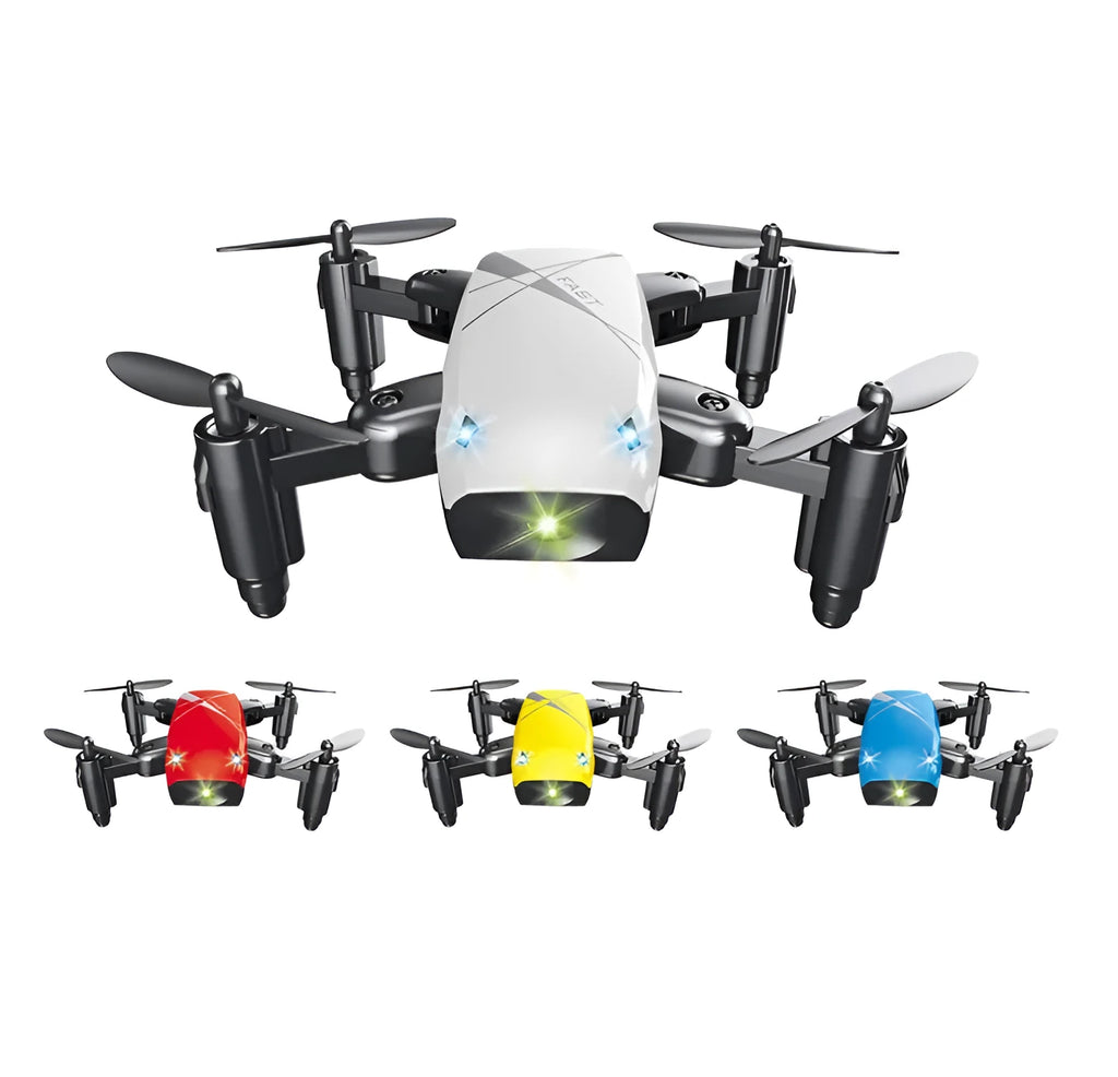 Micro foldable RC drone with 300K WiFi camera in blue, deployed on surface showing foldable arms