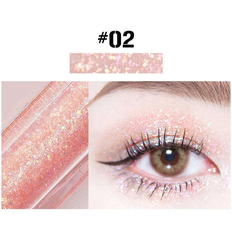 Pearly glitter liquid eye shadow with shimmer finish, shown in one of ten colour options, 3-year shelf life