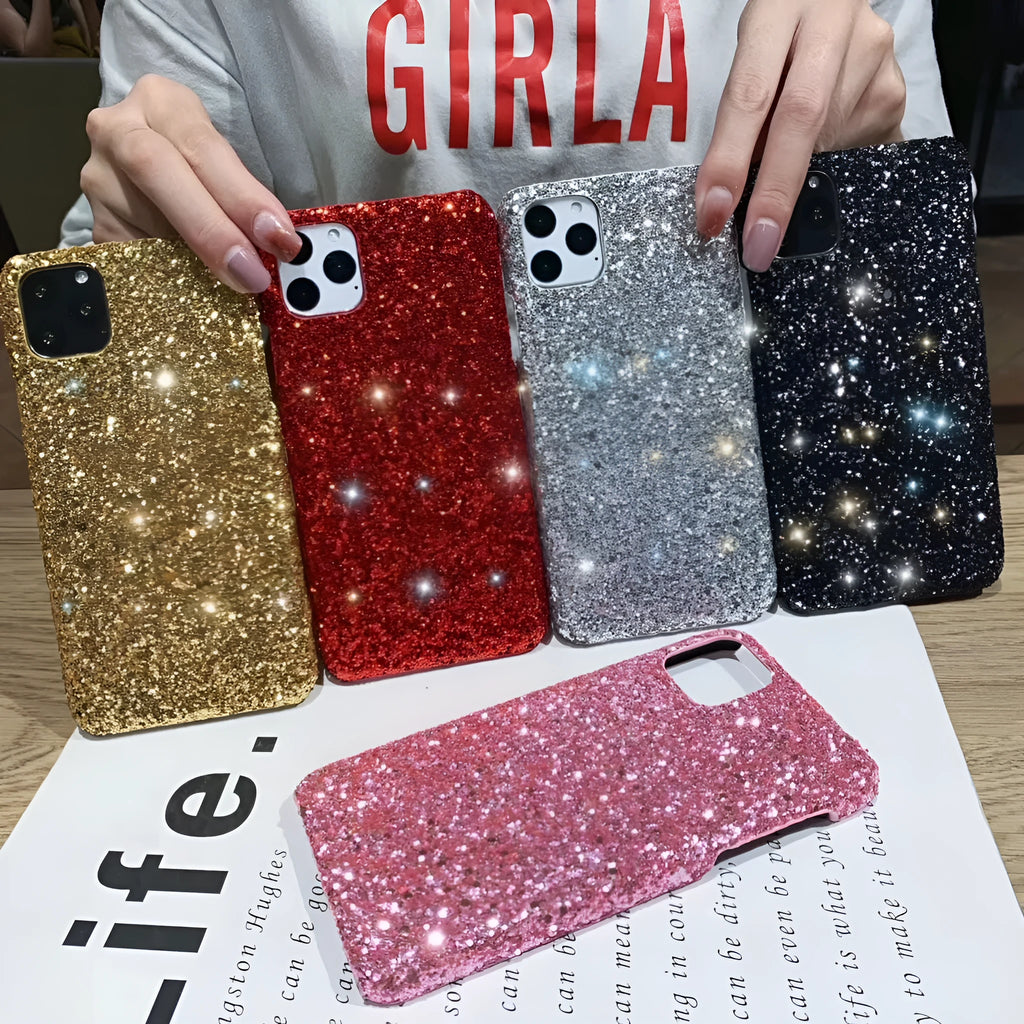 Glitter sequin back cover phone case for iPhone 11, X, XR, 7, 8, 6, 6S – pink colour with raised camera frame