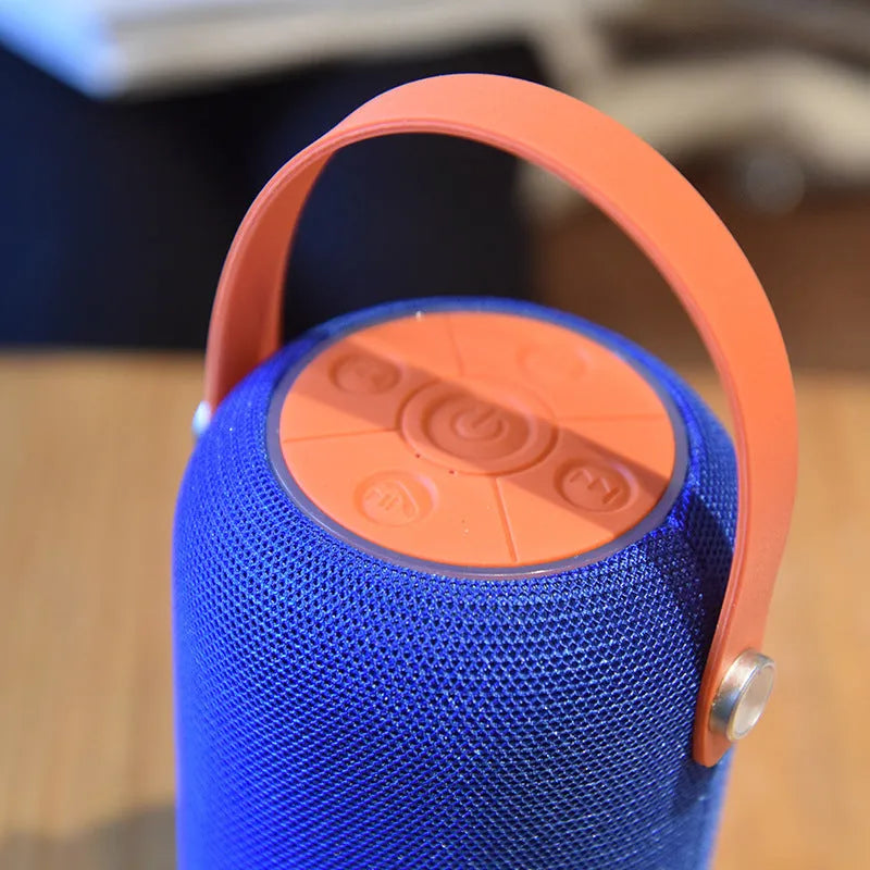 TG107 fabric portable Bluetooth speaker in blue with USB power, 10W output, and card insertion function
