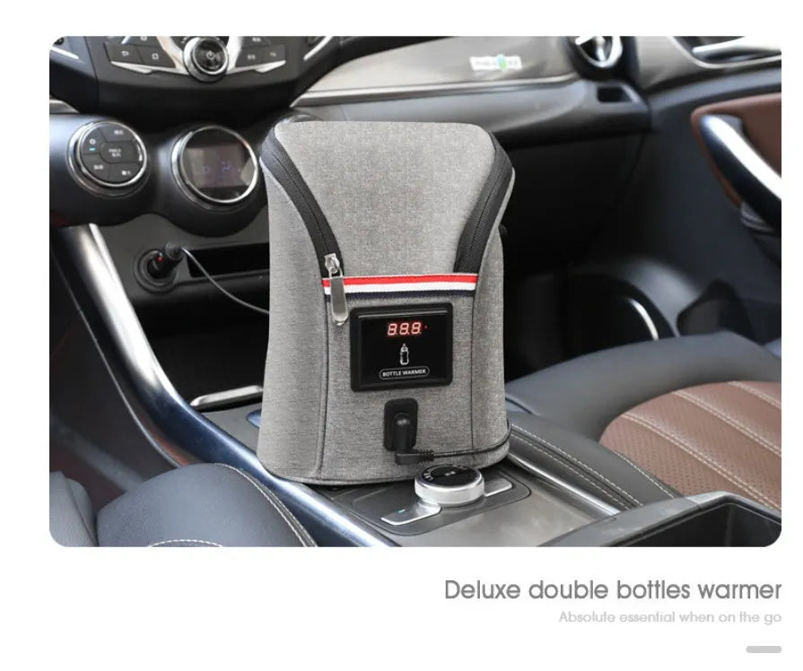 Grey Oxford cloth car USB baby bottle warmer showing temperature display and dual bottle capacity
