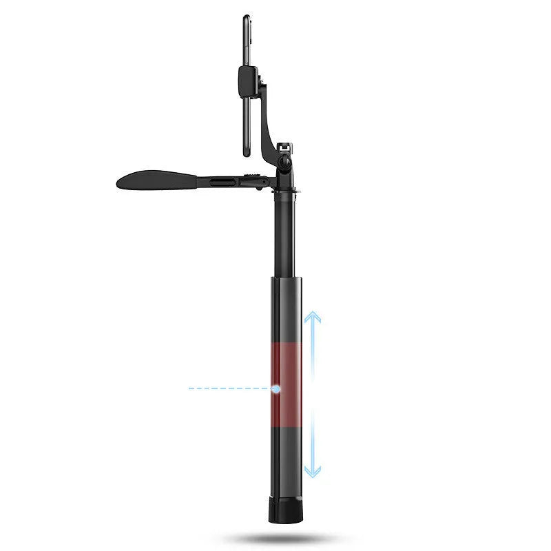 Black aluminium Bluetooth selfie stick with extended tripod legs and remote control for mobile phones