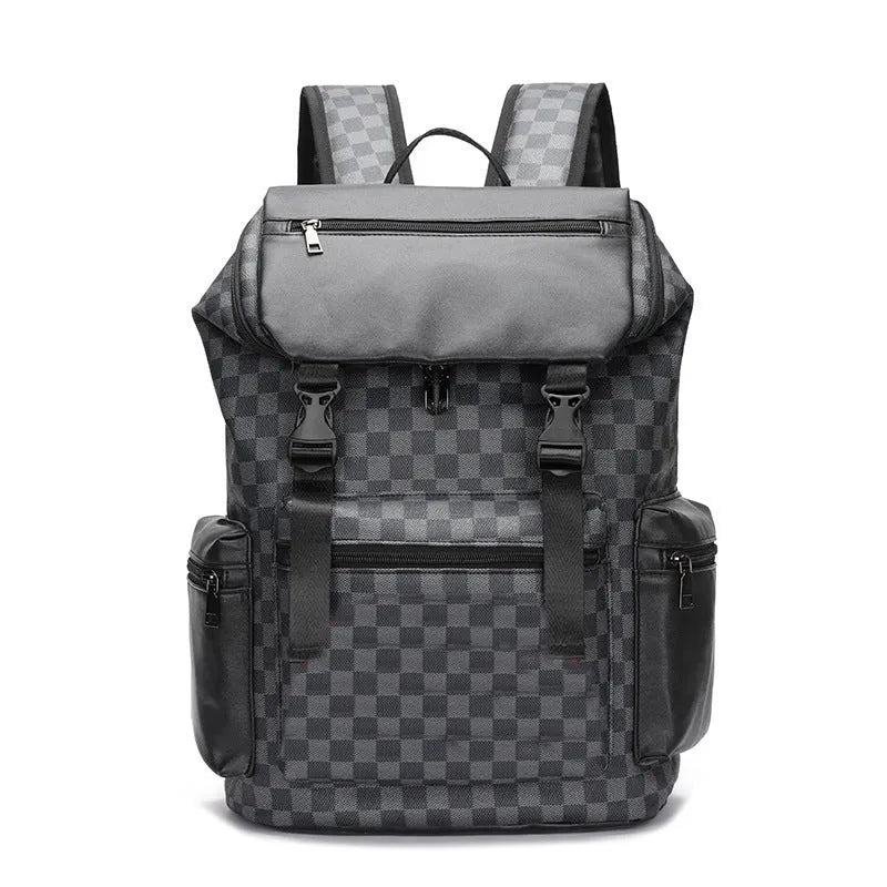 Korean style black checkered printed large backpack made of PU leather with curved shoulder straps