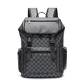 Korean style black checkered printed large backpack made of PU leather with curved shoulder straps