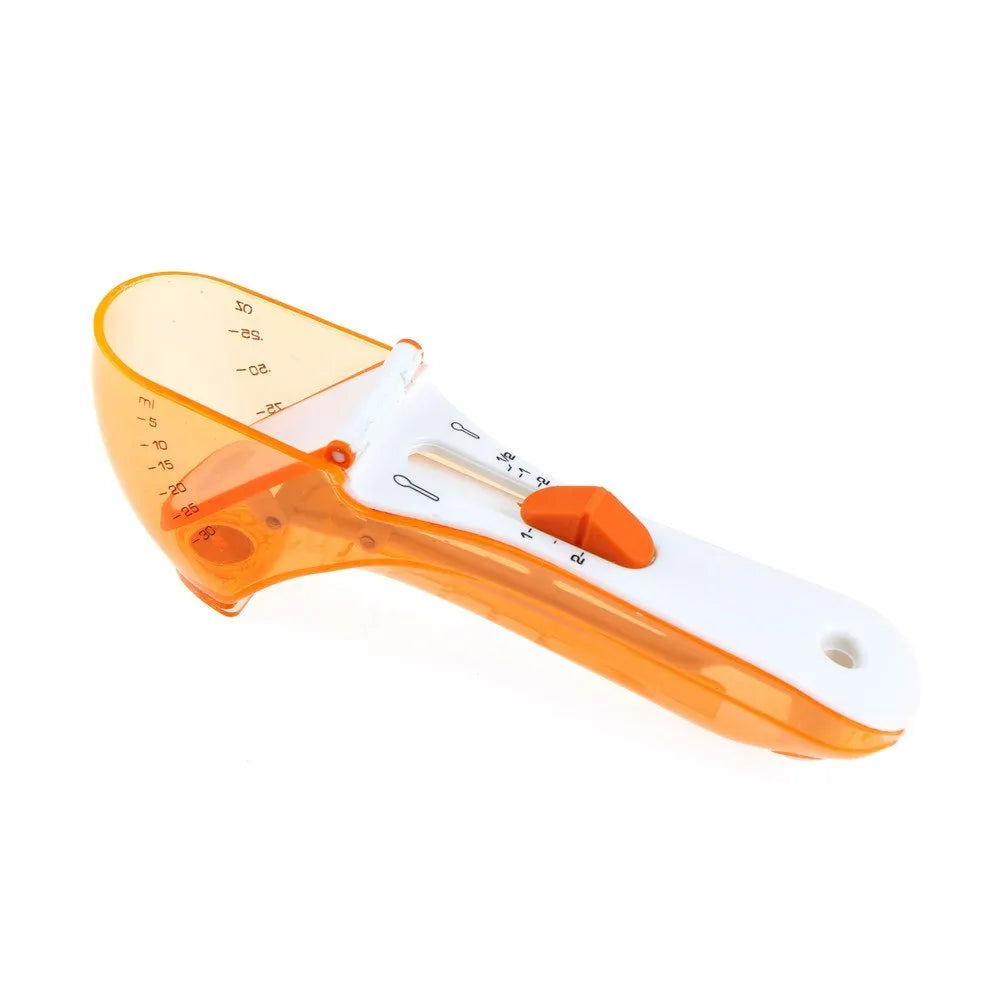 Orange and blue digital measuring spoons with magnetic base and measurement markings.