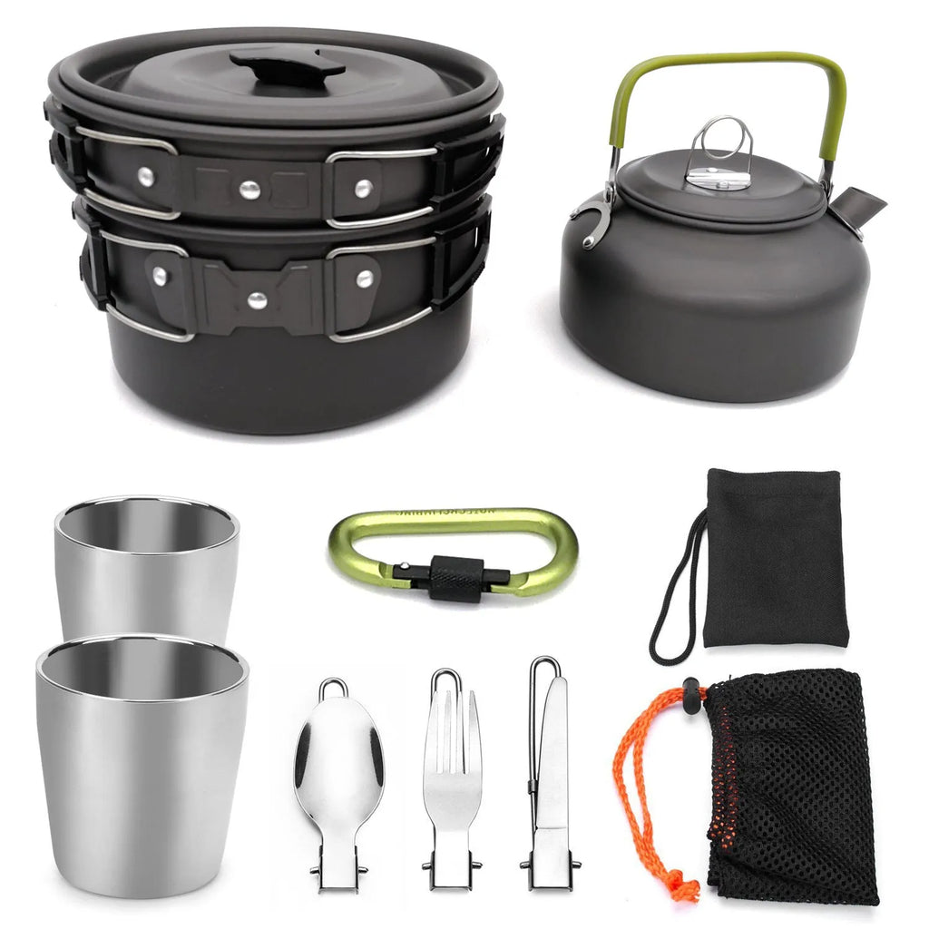 Hard alumina camping cookware set with boiler, frying pan, 800 ml teapot, two stainless steel cups and mesh bag
