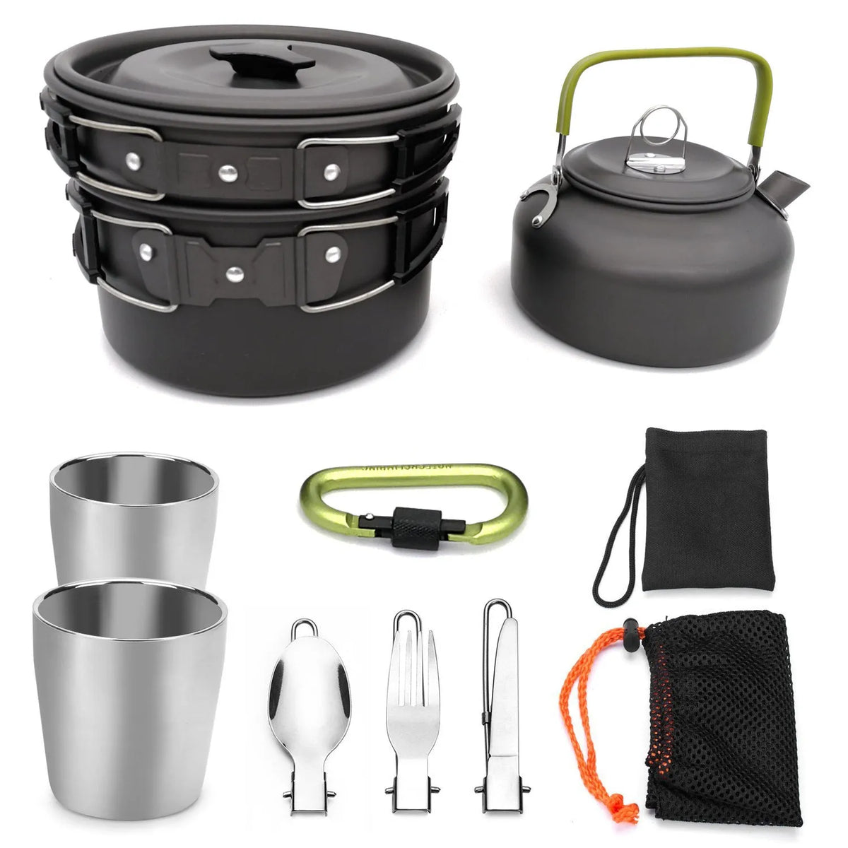 Hard alumina camping cookware set with boiler, frying pan, 800 ml teapot, two stainless steel cups and mesh bag