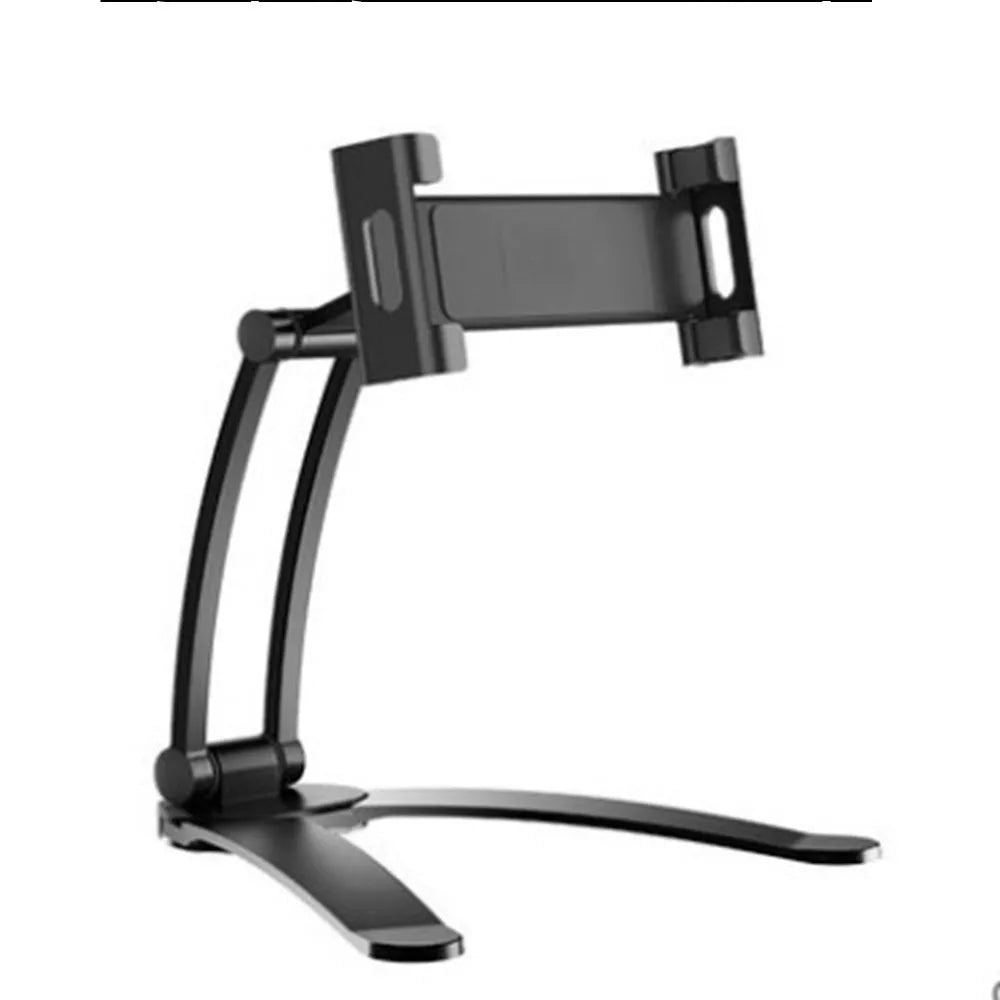 Silver aluminium alloy desktop tablet stand with adjustable clips and 360-degree rotation on a white mount.