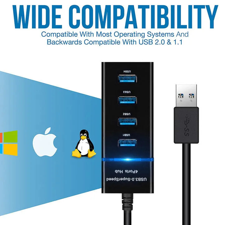 Black 4 port USB 3.0 hub splitter with 29cm cable and four LED indicators