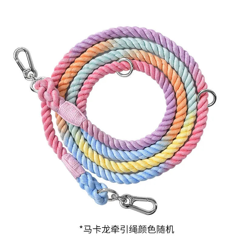 Woven rainbow double-ended dog lead with hand-held rope section in multiple colour options