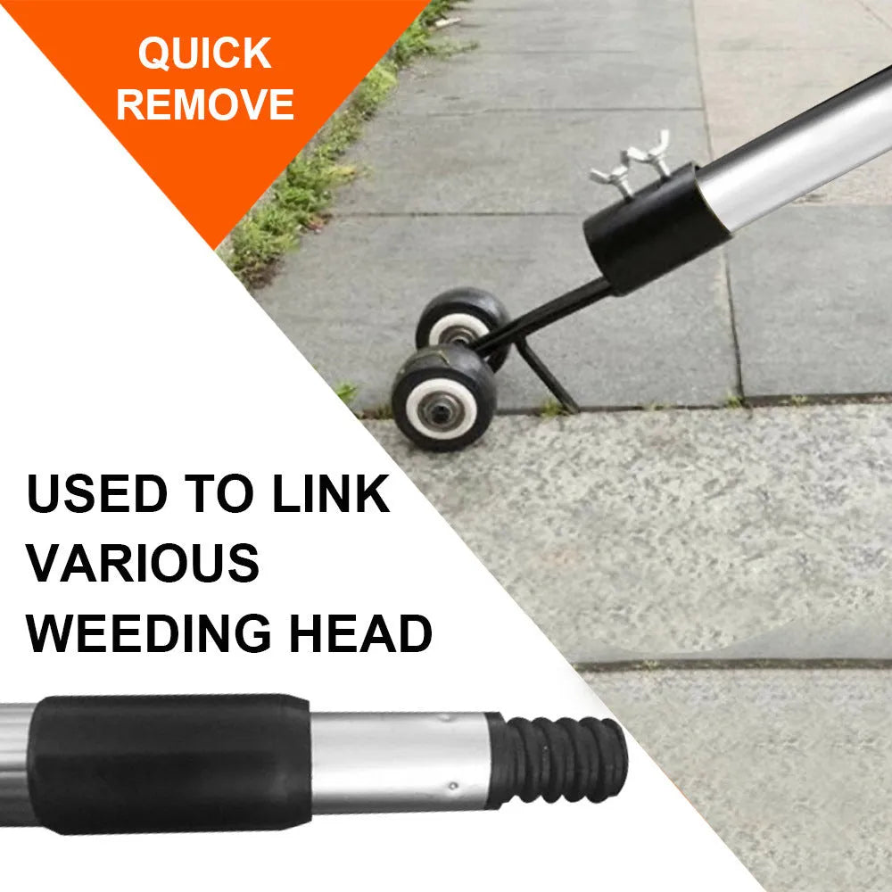 Manual garden weeder set with telescopic metal rod, gap weeder head, and sickle weeder for chemical-free weed removal