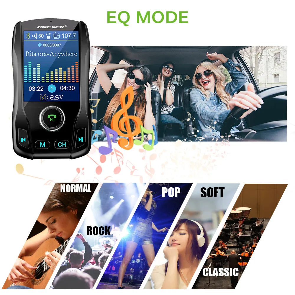 Car Bluetooth FM transmitter with colour screen showing FM frequency and dual USB charging ports