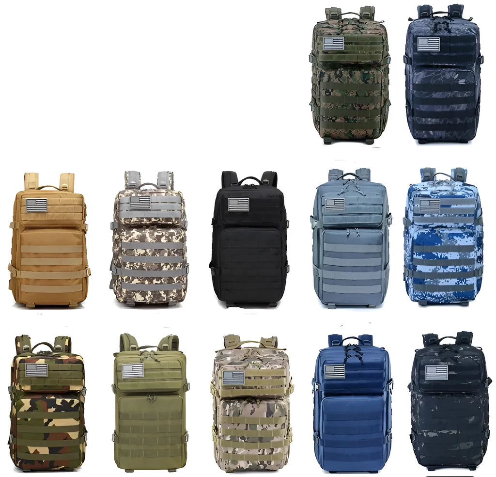 Tactical camouflage backpack in army green with Oxford 600D fabric, 36-55 litre capacity