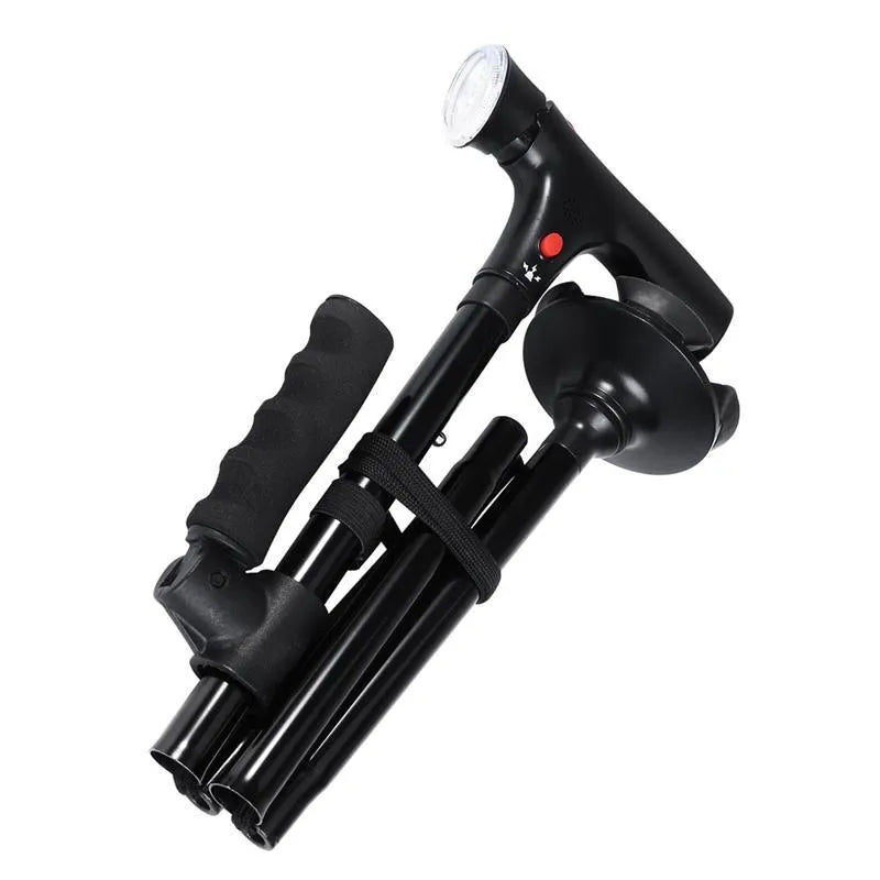 Foldable aluminium walking stick with 4-feet anti-skid base, LED light, and side armrest for elderly