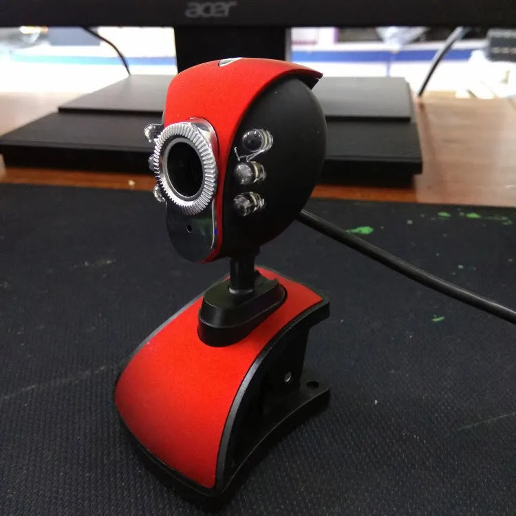 Red and black USB computer camera with CMOS sensor and adjustable lens
