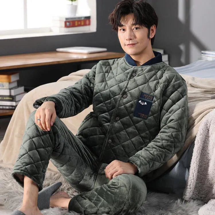 Winter thick flannel men's pyjama suit set in Army Green with lapel V-neck long sleeve top and matching trousers