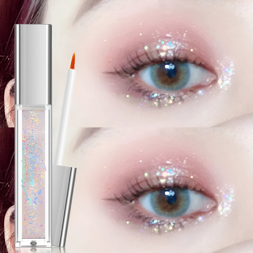 Pearly glitter liquid eye shadow with shimmer finish, shown in one of ten colour options, 3-year shelf life