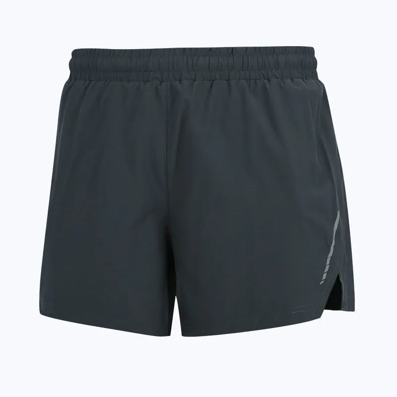 A pair of grey straight-cut unisex running shorts made from moisture-wicking polyester fabric, laid flat.