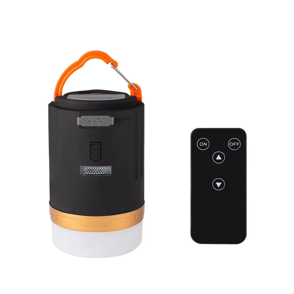 Black rechargeable camping light with remote control, hanging hook and magnetic base, IPX6 waterproof rated