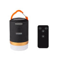 Black rechargeable camping light with remote control, hanging hook and magnetic base, IPX6 waterproof rated