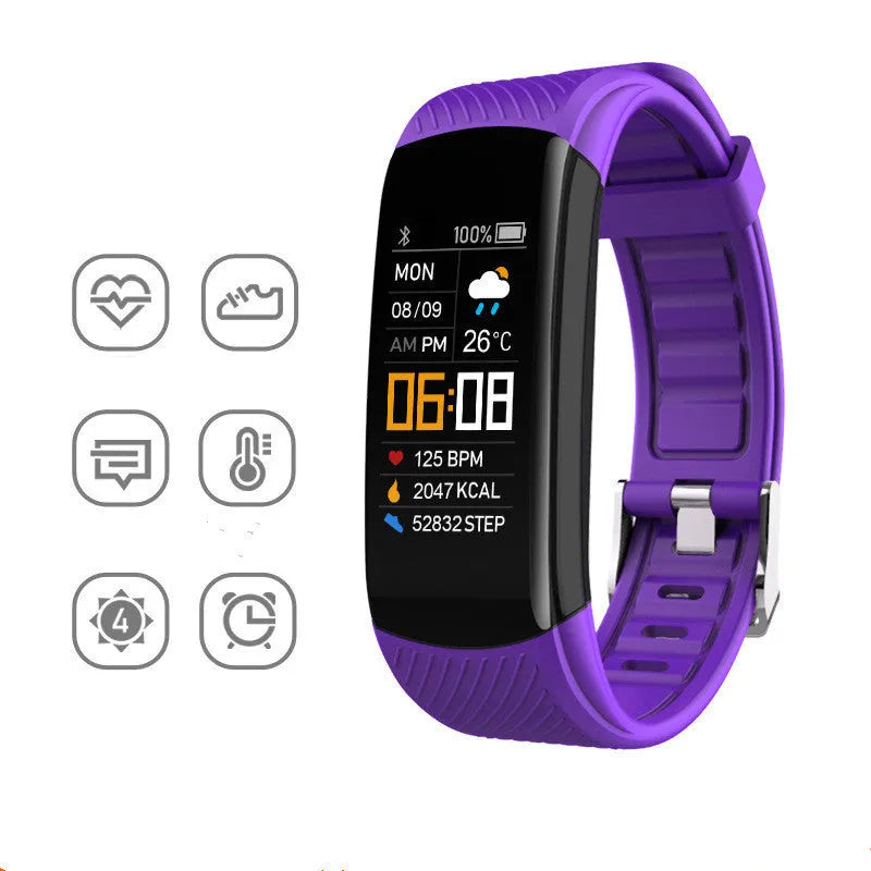 Adult sports silicone pedometer bracelet with a 0.96-inch touchscreen display on a wrist.
