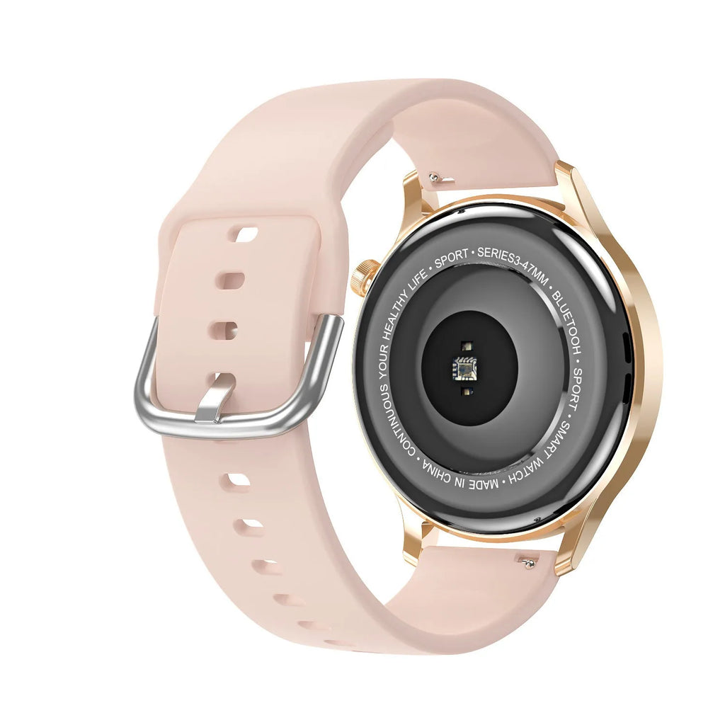 Smart watch with TFT screen, touch button, heart rate monitor, Bluetooth calling, and NFC in rose gold or silver