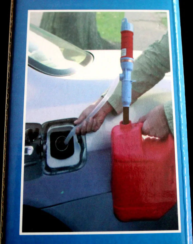 Blue and red manual hand siphon pump for fuel and liquid transfer