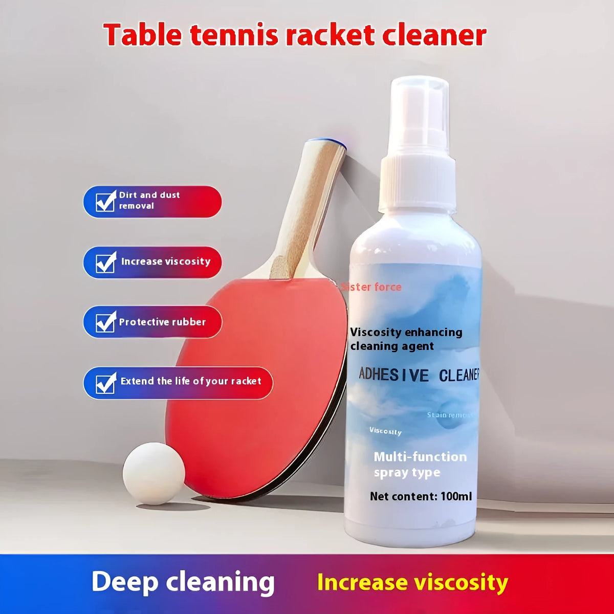 Table tennis racket cleaner kit with sponge mop and 100ml rubber cleaning agent on a court