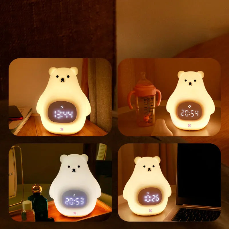 White silicone bear-shaped night light with soft glow, remote control, and button switch on a bedside table.