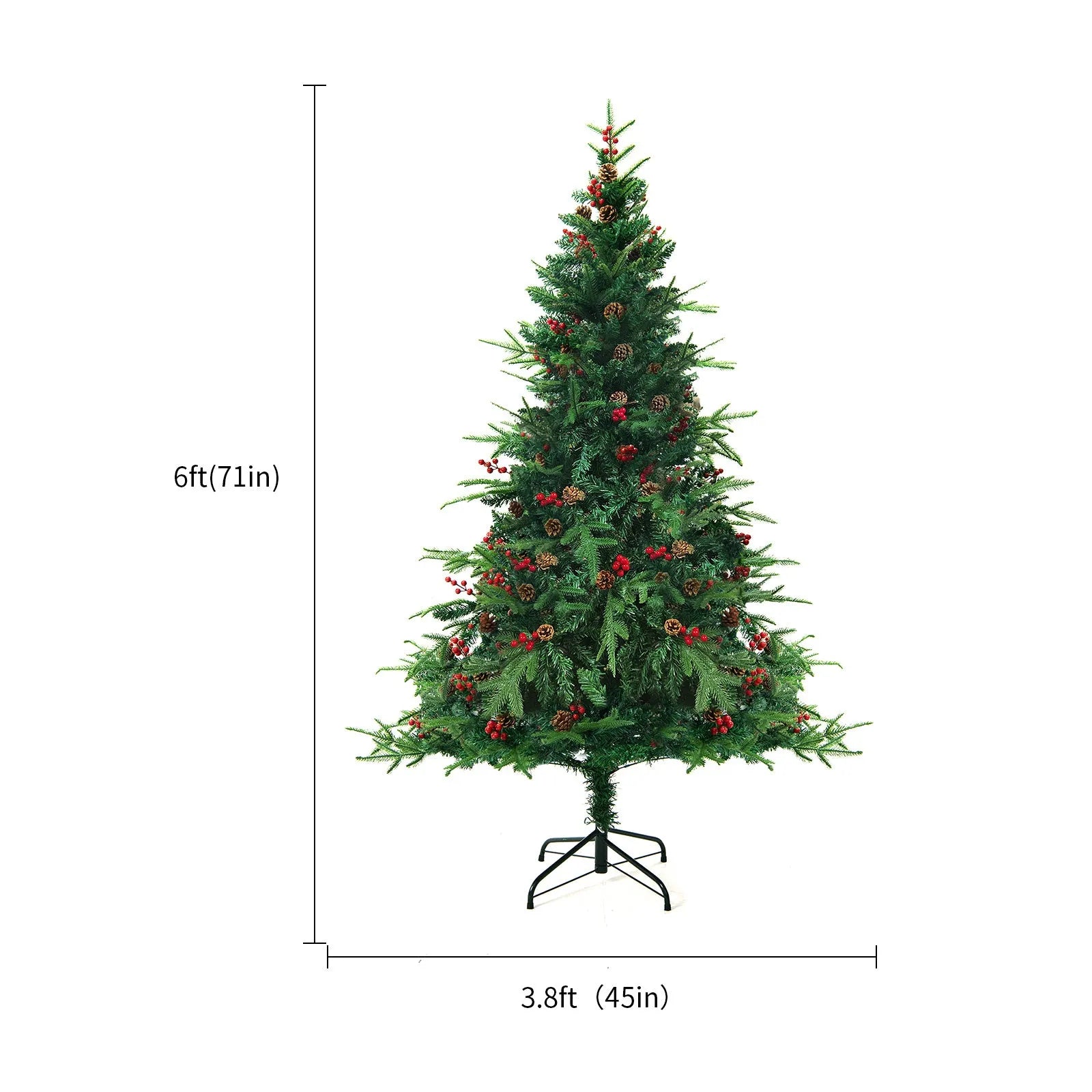 Artificial green and white snow-effect PVC Christmas tree with metal stand.