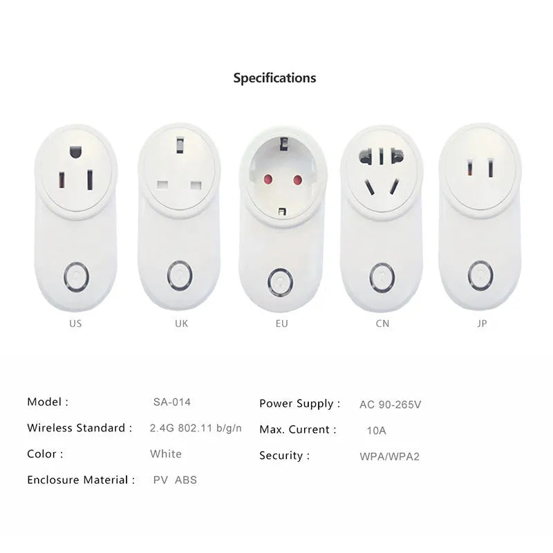 White Wi-Fi smart socket with UK or US plug, shown with ewelink app on phone.