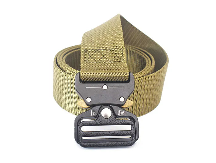 Cobra buckle tactical belt in nylon and zinc alloy, 125cm x 3.8cm, shown in Army Green, Black, and Khaki