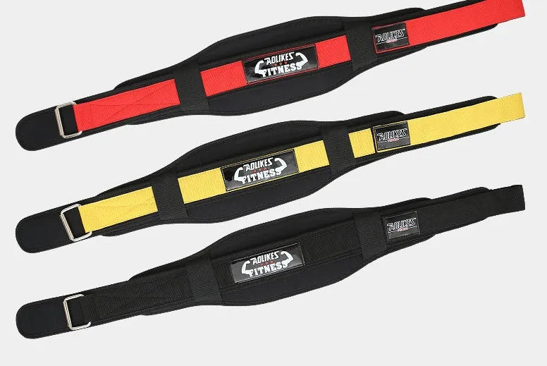 Nylon fitness weightlifting waistband in black, red, or yellow colours on a plain background.