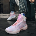 Luminous high-top basketball shoes in pink and blue with graffiti pattern for children