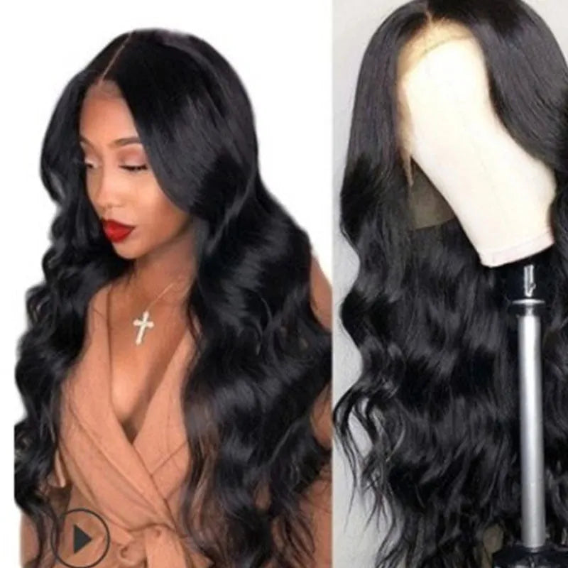 Medium split black big wave wig with long bangs and long curly hair made from high temperature wire