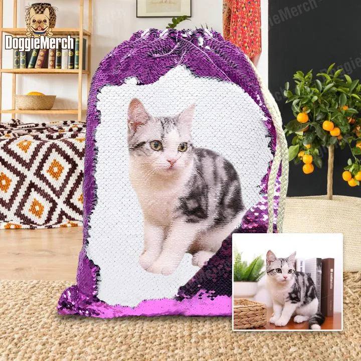 Custom purple sequins drawstring backpack with personalised pet photo printing, 34 x 45 cm dimensions