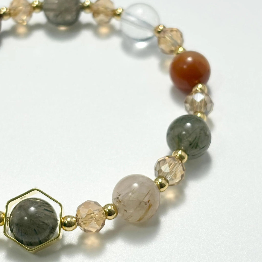 Gold citrine crystal bracelet with hand-woven auspicious symbols including Ruyi, Totem and Fu character patterns