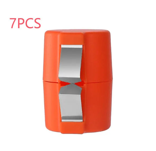 Egg shell opener and beater kitchen tool with stainless steel blades and coloured plastic handle