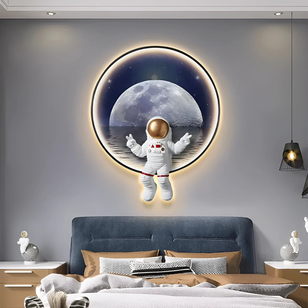 Children's astronaut-themed canvas wall painting with optional integrated USB LED light strip in a modern frameless design.